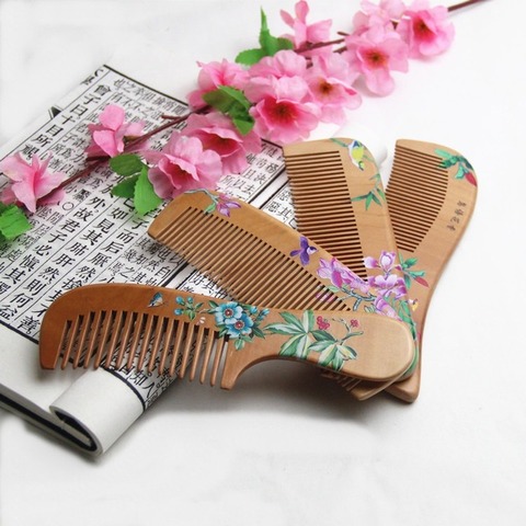 1pcs Natural Peach Solid Wood Comb Engraved Peach Wood Healthy Massage Anti-Static Comb Hair Care Tool Beauty Accessories ► Photo 1/6