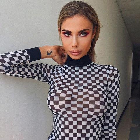 sexy black white plaid checkerboard t-shirts for women Hollow out slim top female t-shirt long sleeve tee shirts ► Photo 1/6