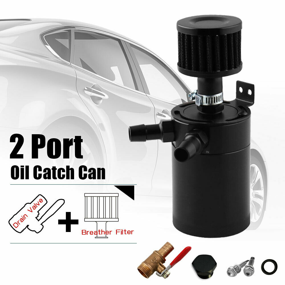 2-Port Aluminum Alloy Oil Catch Can with Breather Filter+Drain Valve Universal