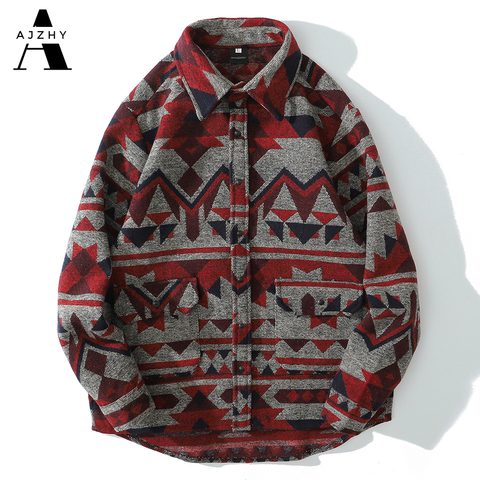 AJZHY Winter Warm Cashmere Flannel Shirt Men Long Sleeve Casual Streetwear Vintage Button Up National Geometric Retro Clothes ► Photo 1/6