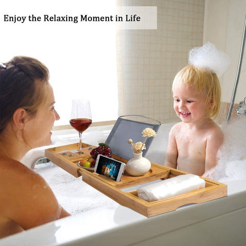 Extendable Bamboo Bathtub Tray Nonslip Bath Tray Spa Bathtub Caddy Organizer Book Wine Tablet Holder Reading Rack ► Photo 1/6