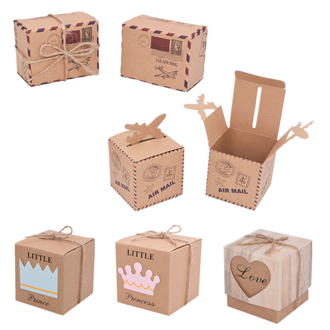 10/20/50pcs Vintages Kraft Paper Candy Box Crown Airplane Pattern Travel Favors Packaging Boxes Wedding Birthday Partys Supplies ► Photo 1/6