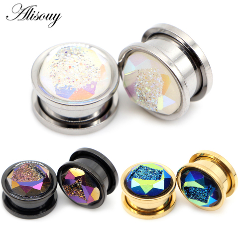 Alisouy 2pcs Stainless Steel Inlay Crystal Bud Ear Tunnels Plugs Flesh Screw Expanders Stretched Earrings Body Piercing Jewelry ► Photo 1/6