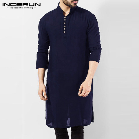 INCERUN Men Casual Shirt Cotton Long Sleeve Stand Collar Vintage Solid Stitched Long Tops Indian Clothes Pakistani Shirt S-5XL ► Photo 1/6