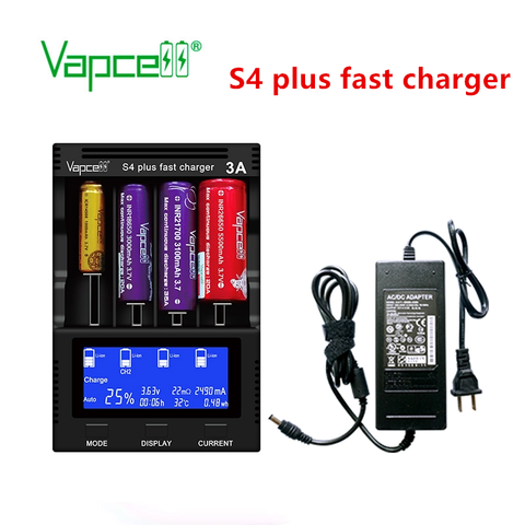 Vapcell New upgrade version S4 plus fast battery charger 3A 4 slot total 12a discharger/capacity test/repiar EU/US/UK/EU plug ► Photo 1/6