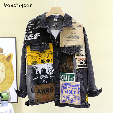 Nanshiyser Vintage Full Sleeve Appliques Newspaper Pattern Plus Size Black Denim Jacket Leisure Trend Coat 2022 Autumn New Women ► Photo 1/6