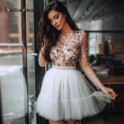 Elegant Homecoming Dress Crystal Beaded White Short Party Dress O-Neck Long Sleeves Sparkly Graduation Dresses vestido de festa ► Photo 1/6