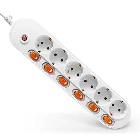 Power Strip Surge Protection EU Plug 6 Outlets 16A 1.5/2.5 Extension Sockets Independent Control Switches ► Photo 1/6