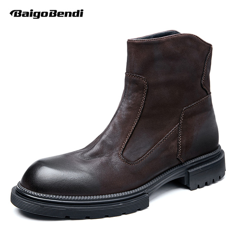 Classical Men's Zipper Mid-calf Boots Full Grain Leather Military   Retro Boots Man Casual Winter Shoes US Size ► Photo 1/6