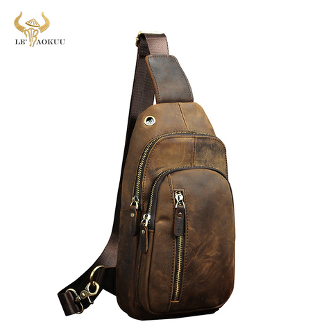Men Original Leather Casual Fashion Chest Sling Bag Brown Design Travel Triangle One Shoulder Cross body Bag Daypack Male 8005-d ► Photo 1/6
