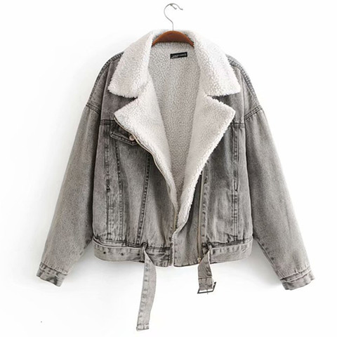 Winter Women Motorcycle Biker Denim Jacket Female Warm Fleece Short Denim Coat Woman Gray Blue Jean Jacket Outwear Windbreaker ► Photo 1/6