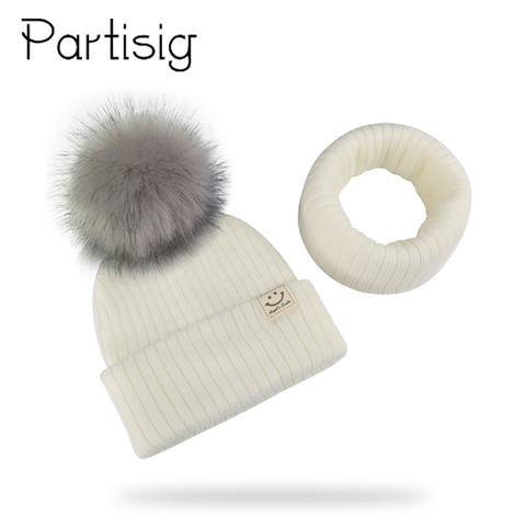 Winter Unisex Faux Fur Pompon Hat Scarf For Kids Boys Girls Knitted Baby Caps With Pompom Bonnet Children's Accessories ► Photo 1/6