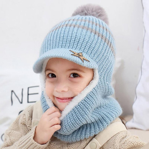 2022 Knit Short Plush Hooded Scarf Kids Hat And Scarf Child Winter Warm Protection Ear Pom Pom Cap Scarves Girls Boy Accessories ► Photo 1/6