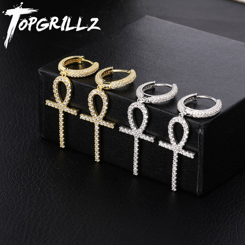 TOPGRILLZ Iced Zircon Ankh Cross Earring Gold Silver Color Micro Paved AAA Bling CZ Stone Earrings For Man Women Hip Hop Jewelry ► Photo 1/6