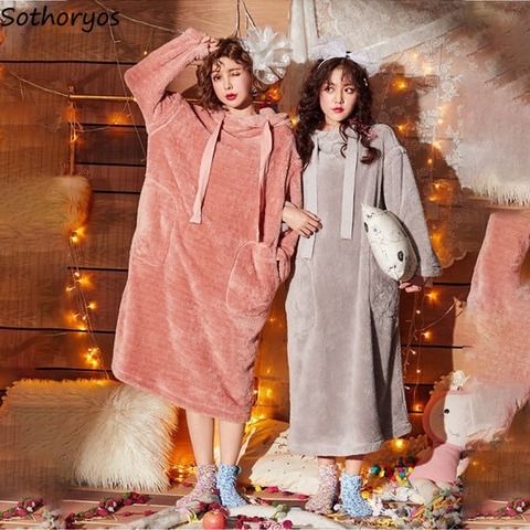 Women Nightgowns Coral Fleece Solid with Hat Drawstring Thicken Warm Home Soft Females Leisure Sleepwear Chic Trendy Sleepshirts ► Photo 1/6