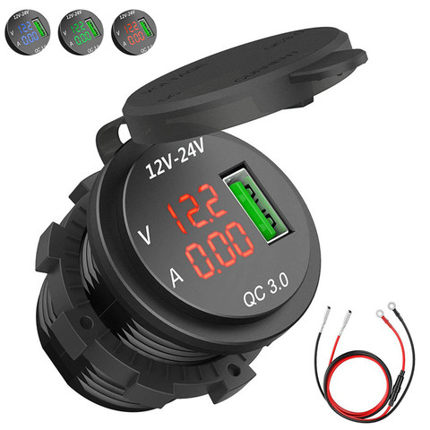New 2022 QC 3.0 USB Charger Socket Power Outlet Digital Voltmeter Ammeter monitoring for Car Boat Marine Rv Motorcycle#292507 ► Photo 1/6