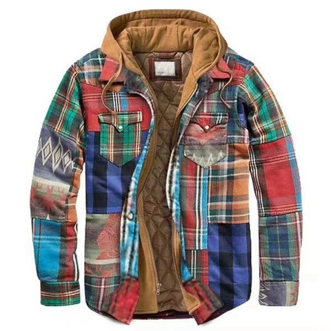 Mens Autumn Winter Jacket Harajuku Plaid Hooded Zipper Long Sleeve Basic Casual Shirt Jackets European American Size S-5XL ► Photo 1/6