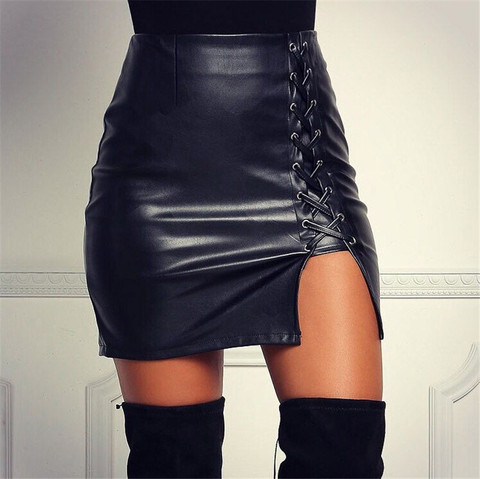 Women Faux PU Leather Mini Skirt Office Lady Sexy Solid Black Split Skirts High Waist Casual Party Bodycon Skirt Plus Size ► Photo 1/6