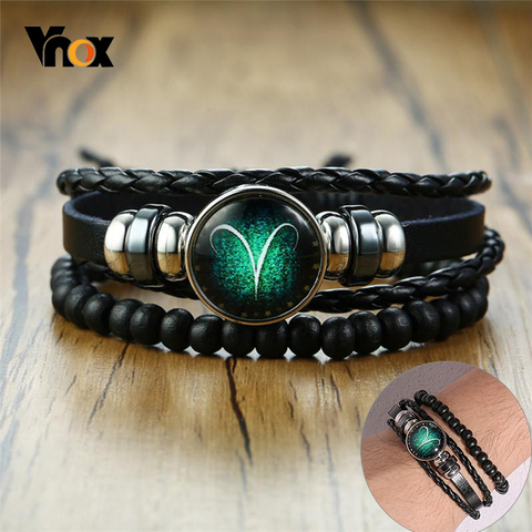 Vnox Aries 12 Horoscope Multi-layer Leather Rope Bracelets for Men Women Gifts Vintage pulseira Jewelry ► Photo 1/6