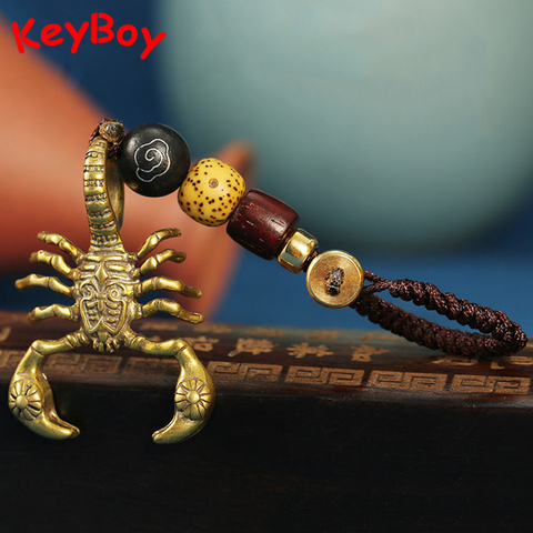 Pure Brass Vintage Solid Scorpion Figurine Car Keychain Pendant Jewelry Handmade Copper Animal Woven Rope Key Chain Ring Hanging ► Photo 1/6