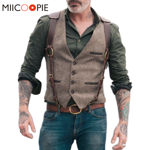 Retro Patchwork Imitation Leather Vest Mens Jackets Single Breasted Casual For Men Suits Business Slim Fit Costume Gilet Homme ► Photo 1/6