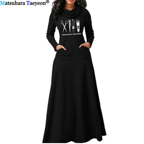 Barber Women Warm Dress With Pocket Long Sleeve Vintage Maxi Dress Robe Bow Neck Hairdresser Weapon scissors Long Elegant Dress ► Photo 1/6