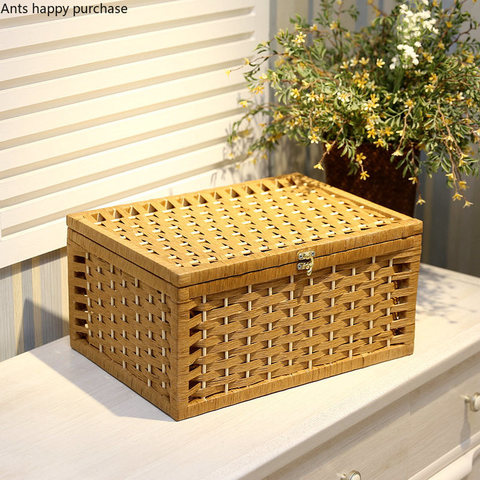 Rattan Weaving Storage Box with Lid Household Desktop Debris Storage Box Living Room Snacks Bedroom Clothing Storages Basket ► Photo 1/6