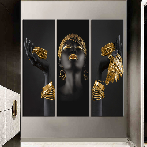 Large Black Woman with Golden jewelry on the Hands Canvas Paintings on the Wall Art Posters And Prints African Woman Art Picture ► Photo 1/6