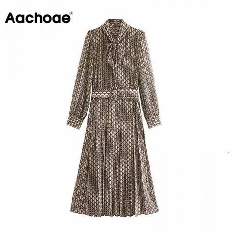 Aachoae Women Elegant Long Dress with Belt Chain Print Bow Tie Neck Office Lady Shirt Dress Long Sleeve Pleated Dress Vestidos ► Photo 1/6