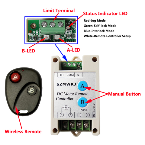 DC 9-30V 10A Positive Inversion Controller &Wireless Remote Control for Forward Reverse Rotation of DC Motor / Linear Actuator ► Photo 1/6