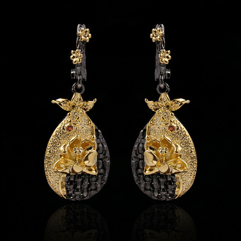 Exquisite Bohemian Style Embossed Carved Flower Drop Earrings Black Gold Two-tone Luxury Creative Jewelry 925 Silver Earrings ► Photo 1/5