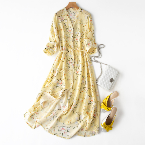 Women's 100% Pure Silk V neck half sleeve Long Midi Dress yellow print belted waist L XL JN495 ► Photo 1/6