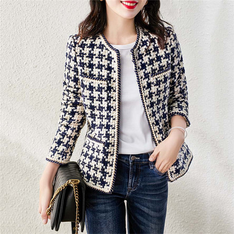 Plaid Tweed Jackets Women O-Neck Long Sleeve Office Lady Wool Coats Autumn Winter Outwear Vintage Korean Elegant Plus Size B380 ► Photo 1/6