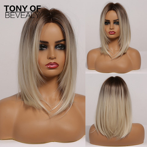 Brown to Light Blonde Ombre Hair Medium Straight Layered Bob Synthetic Wigs Middle Part For Women Heat Resistant Cosplay Wigs ► Photo 1/6