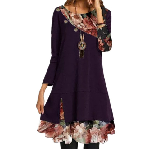 Autumn Vintage Flower Print A-Line Dress Women Elegant Patchwork Irregular Dress Casual O Neck Long Sleeves Dress Vestidos ► Photo 1/6