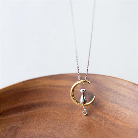New Animal 925 Sterling Silver Jewelry Korean Fashion Cute Cat Crescent Moon High-quality Personality Pendant Necklaces  H192 ► Photo 1/4