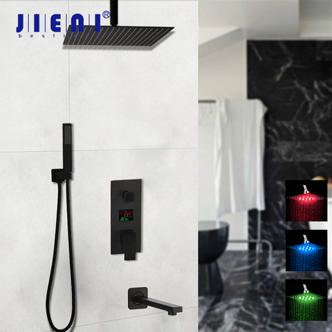 JIENI Matte Black 8 10 12 Inch Bathroom Shower Set Thermostatic Temperature Display Rainfall 3 Ways Black Digital Shower Faucet ► Photo 1/6