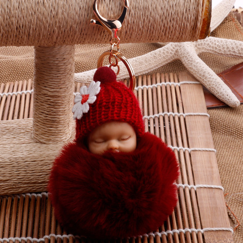 Cute Sleeping Baby Doll KeyChains For Women Bag Toy Key Ring Fluffy Pom pom Faux Fur Plush Keychains ► Photo 1/6