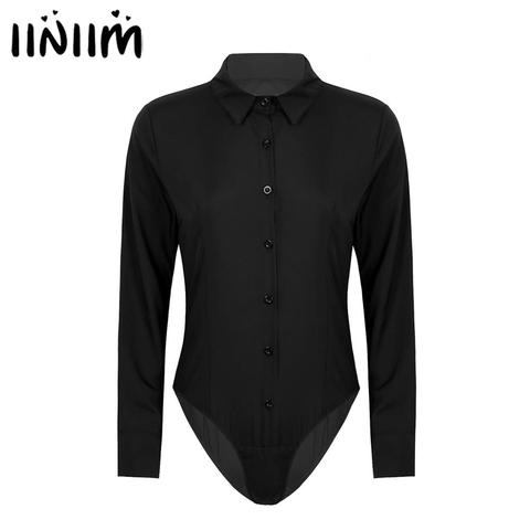 Women Casual Turn-down Collar Bodysuit Shirt Blouse Button Down Long Sleeve  Tops