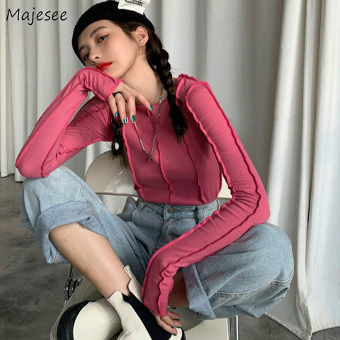 Long Sleeve T-shirts Womens Slim Rhodo Solid Design Chic New Arrival Streetwear Female Cool Korean Style Spring Casual Clothes ► Photo 1/6