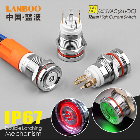 LANBOO 12mm 7A high current 4 pin switch waterproof IP67 latching or momentary micro metal push button switch with LED 24V220V ► Photo 1/5