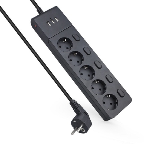 Multiple Power Strip Surge Protection EU Plug Electrical Extension Sockets USB 5 way Outlets Independent Switch Control 2m Cord ► Photo 1/6