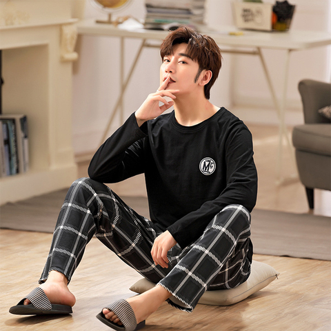 Spring Autumn Men Pajamas Set Cotton Print Sleepwear Night Suit Casual Long Sleeve Plaid Pants Pyjamas Plus Size Homewear 4XL ► Photo 1/6