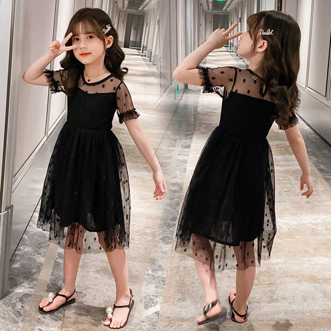 2022 New Arrival Summer Charming Dress Classical Black Kids Mesh Dress Beautiful Baby Princess Dot Dress for Girls 4 5 7 9 11 13 ► Photo 1/6