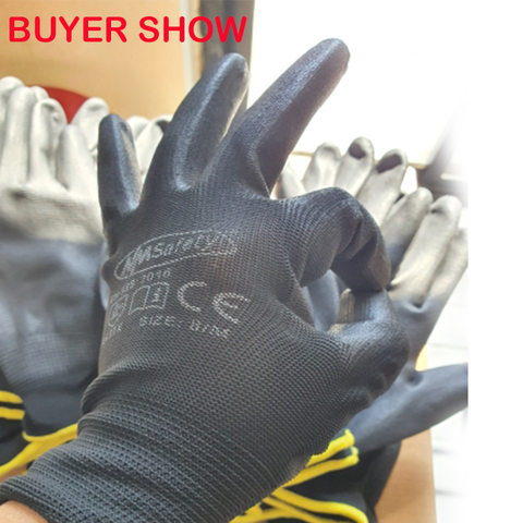 12 Pairs Black Nylon PU Safety Work Gloves Builders Grip Palm Coating Gloves