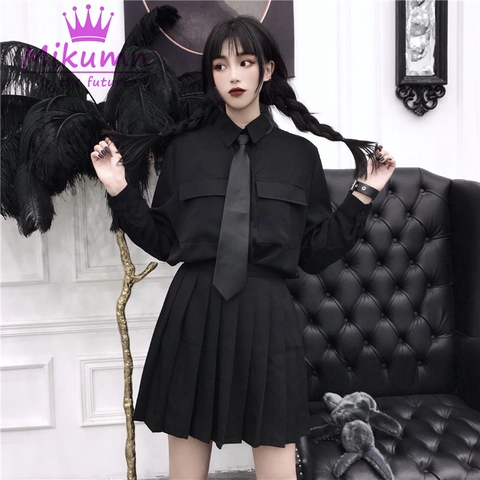 Harajuku Women Blouses Punk Streetwear Black Casual Gothic Blouse Student Long Sleeve Loose Turn Down Collar Shirt Tops ► Photo 1/6