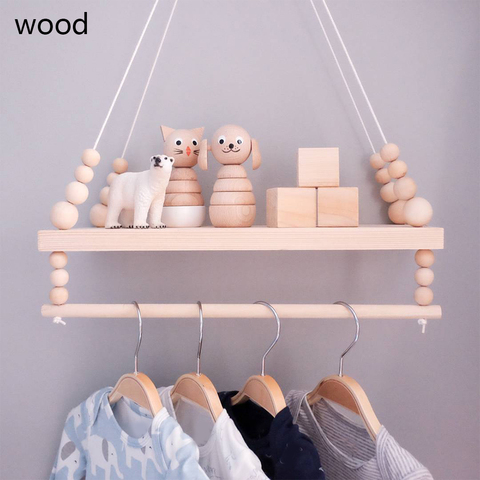 Nordic Wooden Wall Shelf With Clothes Rack Children Room Craft Storage Rack Rope Wall Hanging Kid Bedroom Living Room Decoration ► Photo 1/6
