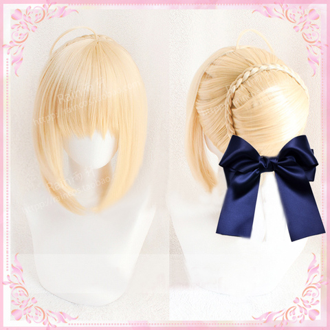Fate Stay Night Altria Pendragon Saber Cosplay Wig Game Anime FGO Fate Grand Order Heat Resistant Cosplay Wigs + Bow Hairpins ► Photo 1/5