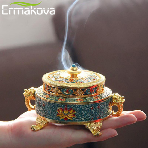 ERMAKOVA Incense Holders Incense Burner Tibetan Style Painted Enamel Zinc Alloy Coil Incense Holder Home Office Decoration Gift ► Photo 1/6