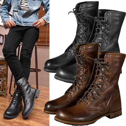 Newly Retro Men Punk Motorcycle Leather Ankle Boots Lace up Combat Shoes DO99 ► Photo 1/6